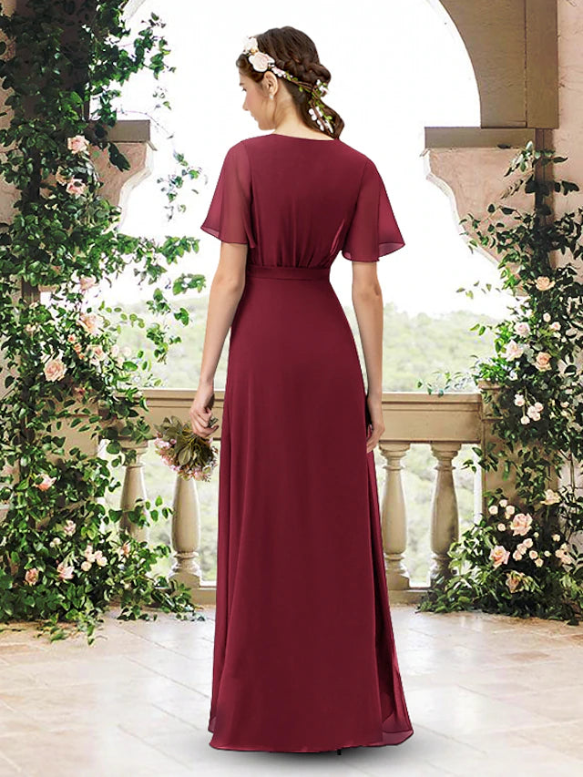 Luolandi A-Line Bridesmaid Dress V Neck Short Sleeve Elegant Asymmetrical / Floor Length Chiffon